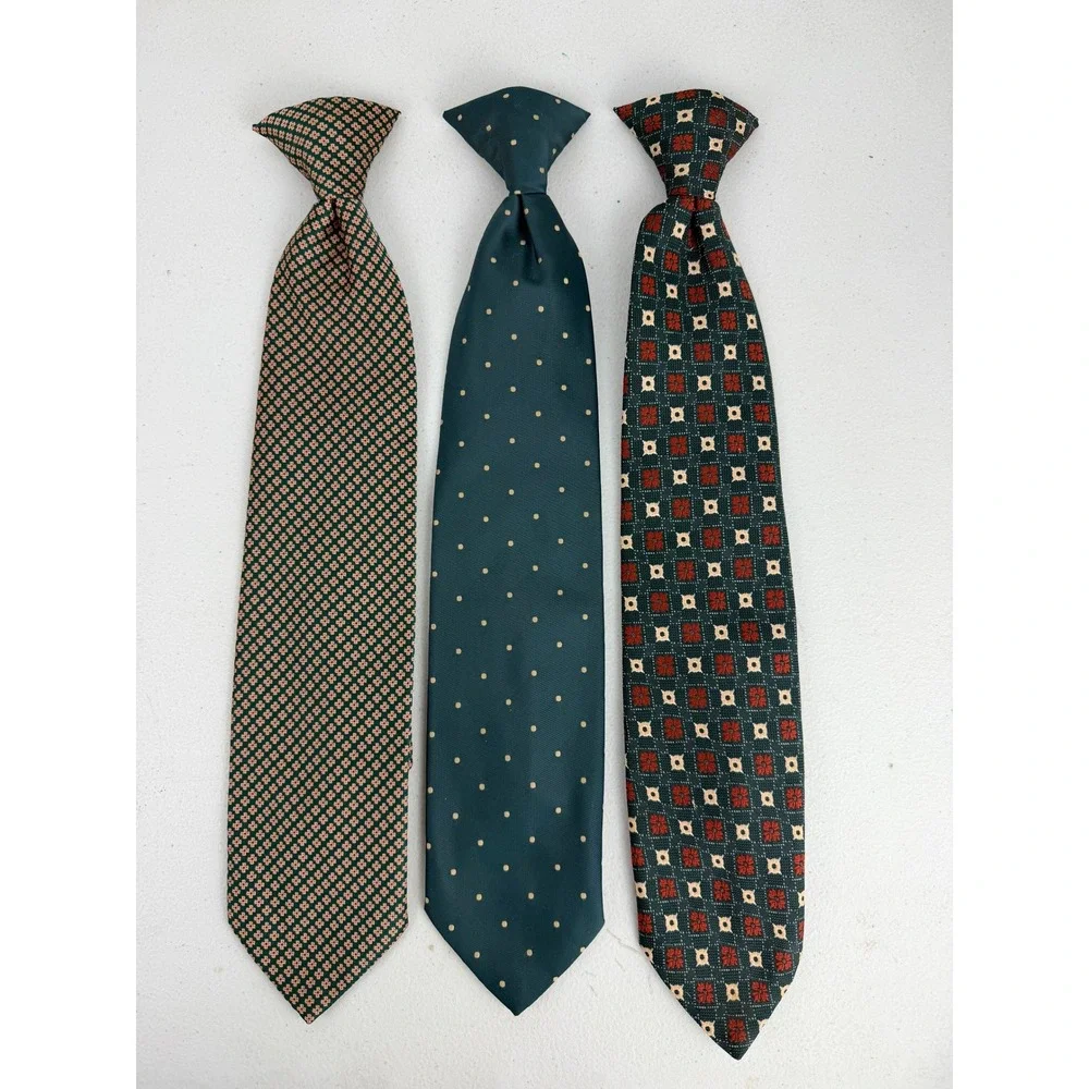 3pc Wembley Vintage Clip On Ties Mens Green Geometric Polka Dot Floral Wemlon
